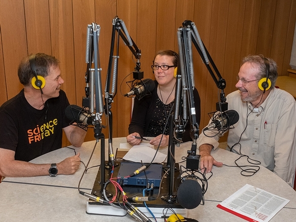 (Left to Right) Bailer, Pennington and Campbell celebrate the 100th episode of Stats + Stories in May, 2019