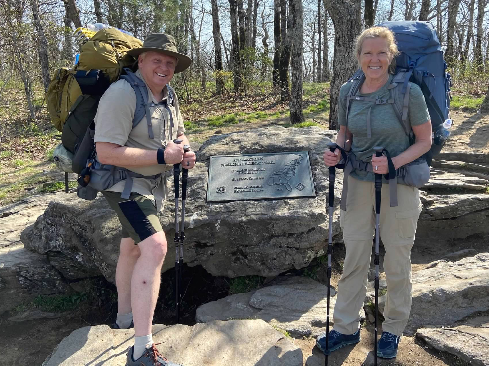 Jean (Geiger) Bussell '74 and her husband Buddy at the start of the Appalachian Trail at Springer Mountain in Georgia